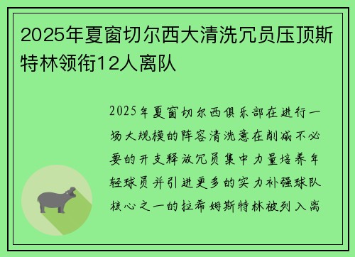 2025年夏窗切尔西大清洗冗员压顶斯特林领衔12人离队