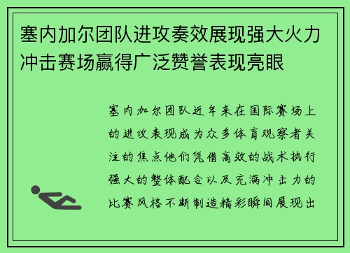 塞内加尔团队进攻奏效展现强大火力冲击赛场赢得广泛赞誉表现亮眼 塞内加尔团队进攻奏效展现强大火力冲击赛场赢得广泛赞誉表现亮眼